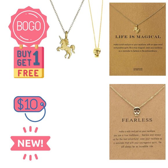 2 BOGO Gold Dipped Fearless Skull Magical Unicorn Pendant Necklaces Minimal NEW - Picture 1 of 7